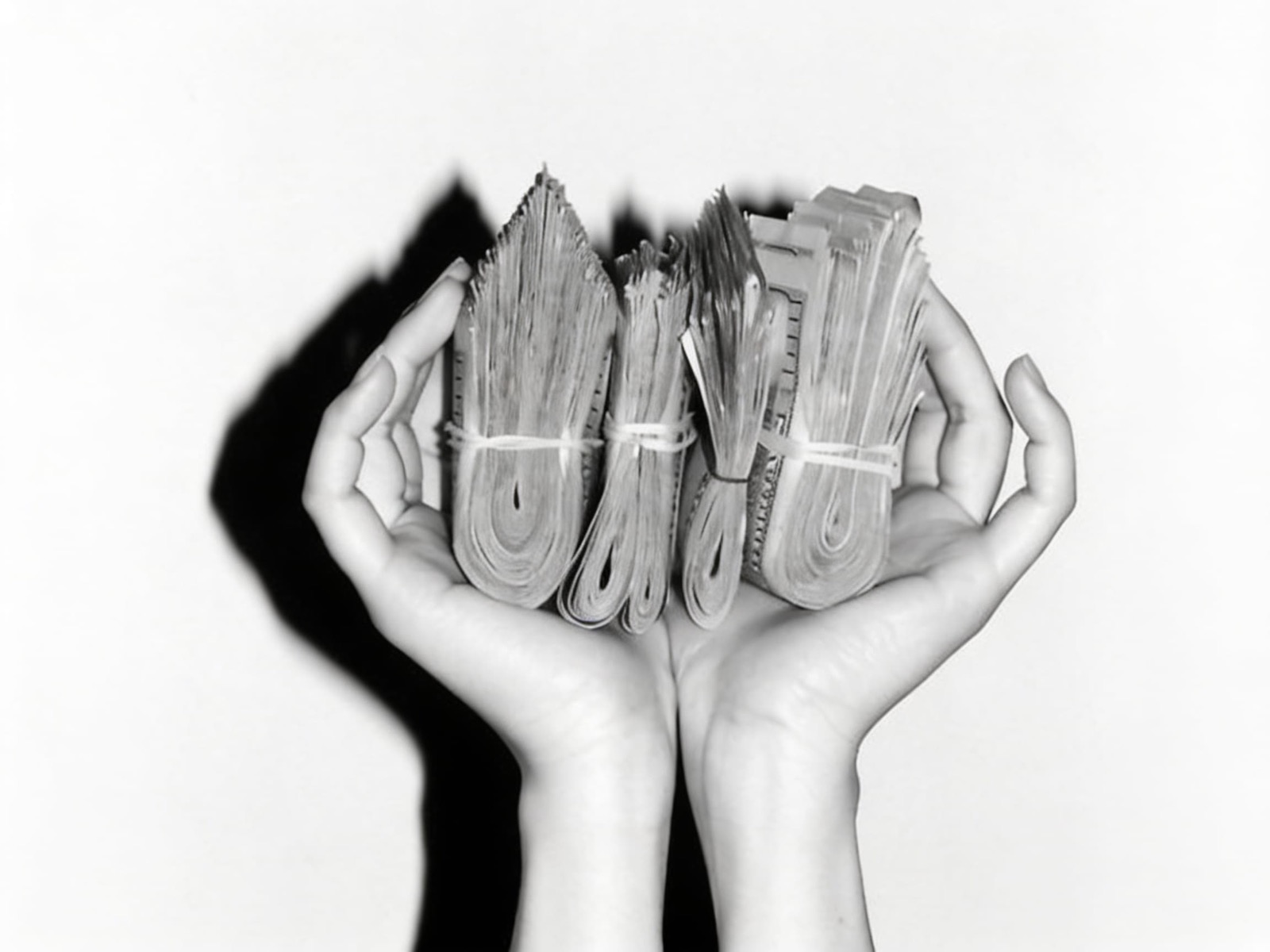 Two cupped hands holding thick bundles of cash, black and white