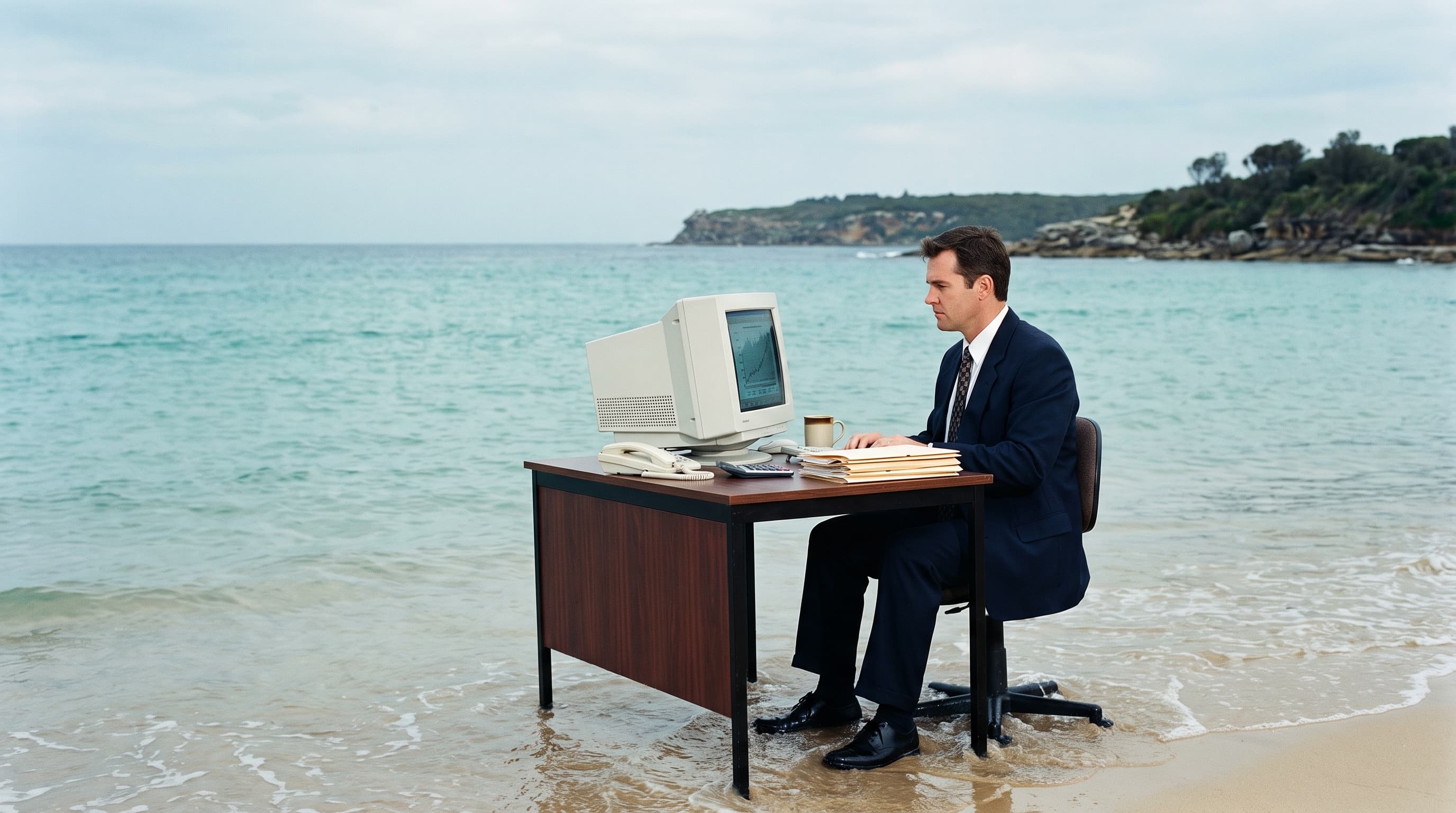 A man in a suit working at an office desk with an old computer, set up in the shallow water at the edge of a beach.